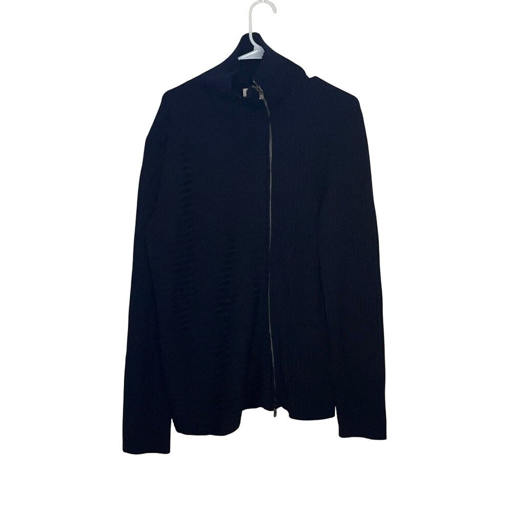 Armani Collezioni Navy Ribbed Full-Zip Sweater Size L Wool Mens